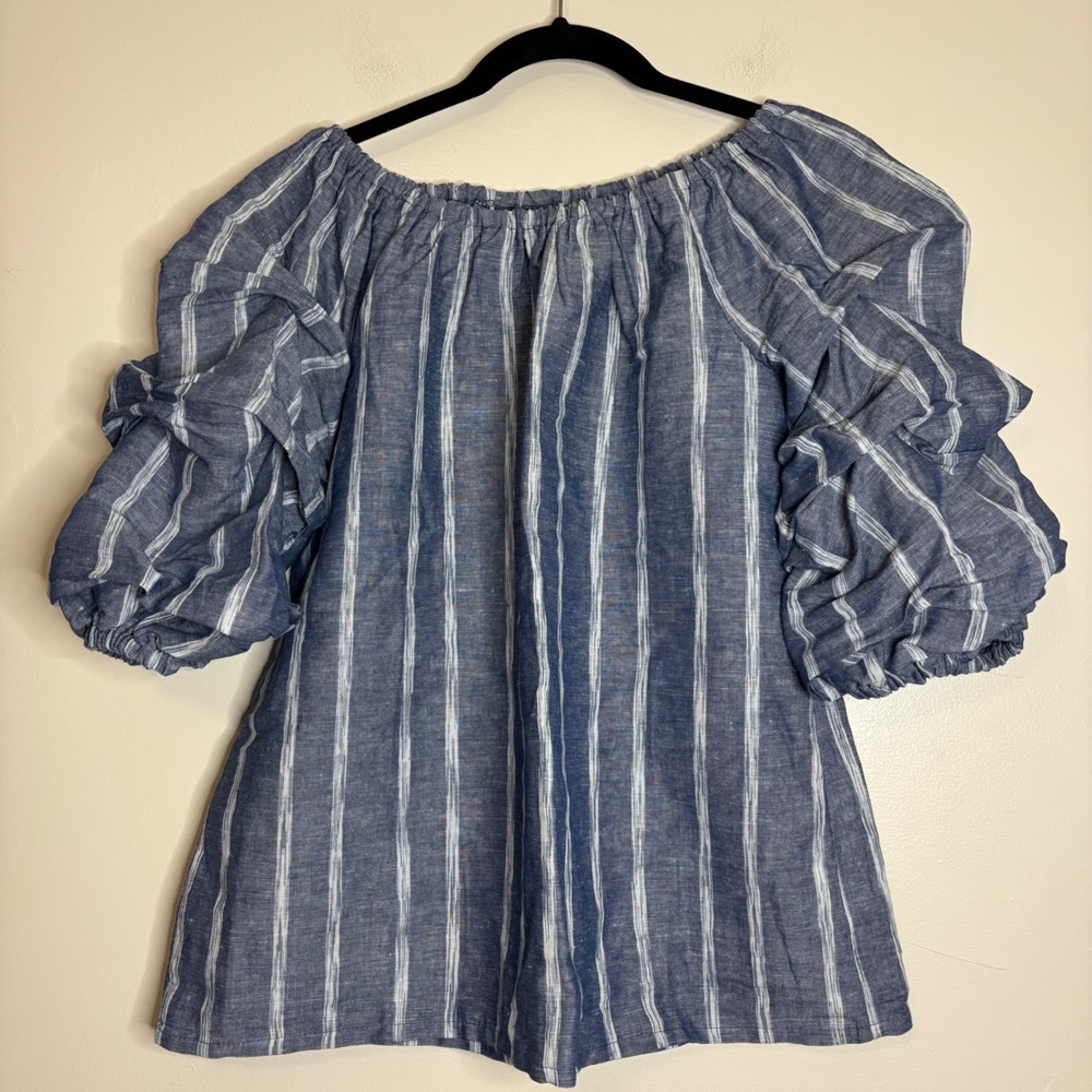 Laurie Felt Blue White Stripe Off Shoulder Puff Sleeve Linen Cotton Blouse Top S
